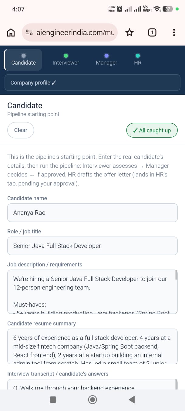 Candidate hiring multi-agent pipeline dashboard
