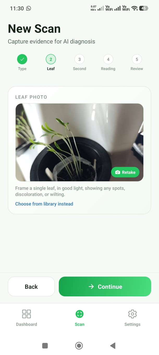 AI plant diagnosis app — leaf scan screen